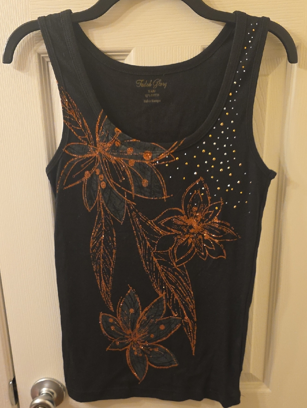 Faded Glory Black Floral Tank with Copper Sparkle Size S